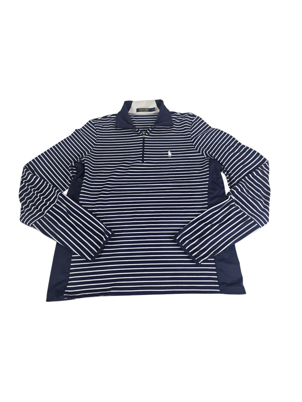 Polo Golf Ralph Lauren Womens L Navy Blue White Striped Mock Neck Thumb Holes